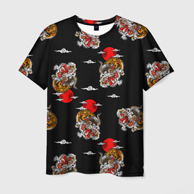 Мужская футболка 3D с принтом Японский стиль - тигры в Курске, 100% полиэфир | прямой крой, круглый вырез горловины, длина до линии бедер | арт | животные | облака | огонь | пламя | рисунок | стиль | тигр | японский
