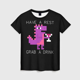 Женская футболка 3D с принтом Динозаврик с вином в Курске, 100% полиэфир ( синтетическое хлопкоподобное полотно) | прямой крой, круглый вырез горловины, длина до линии бедер | английский текст | вино | динозавр | пиксели | пиксель арт