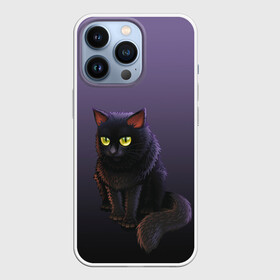 Чехол для iPhone 13 Pro с принтом черный кот на фиолетовом в Курске,  |  | cat | kitten | большие глаза | глазища | градиент | дьявол | кот | котейка | котик | кошка | мрачный | мяу | персонаж | рисунок | фиолетовый | черный | шерсть