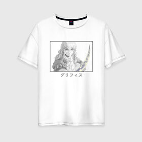 Женская футболка хлопок Oversize с принтом Гриффит в Курске, 100% хлопок | свободный крой, круглый ворот, спущенный рукав, длина до линии бедер
 | berserk | griffith | аниме парень | длинные волосы | иероглифы | имя на японском | меч | черная рамка