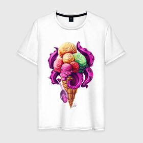 Мужская футболка хлопок с принтом Монстро мороженное в Курске, 100% хлопок | прямой крой, круглый вырез горловины, длина до линии бедер, слегка спущенное плечо. | Тематика изображения на принте: sweets | вкусняшка | монстры | мороженное | щупальца