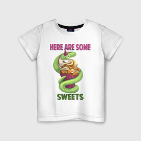 Детская футболка хлопок с принтом Змеиные ссссладости в Курске, 100% хлопок | круглый вырез горловины, полуприлегающий силуэт, длина до линии бедер | Тематика изображения на принте: snake | sweet | sweets | десерты | змея | сладкое