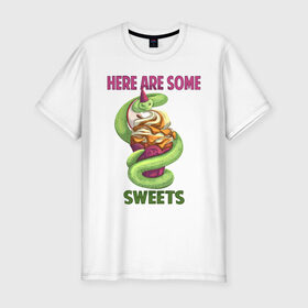 Мужская футболка хлопок Slim с принтом Змеиные ссссладости в Курске, 92% хлопок, 8% лайкра | приталенный силуэт, круглый вырез ворота, длина до линии бедра, короткий рукав | Тематика изображения на принте: snake | sweet | sweets | десерты | змея | сладкое