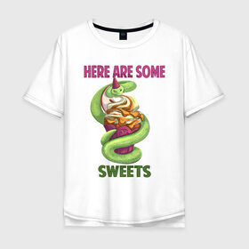 Мужская футболка хлопок Oversize с принтом Змеиные ссссладости в Курске, 100% хлопок | свободный крой, круглый ворот, “спинка” длиннее передней части | Тематика изображения на принте: snake | sweet | sweets | десерты | змея | сладкое