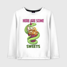 Детский лонгслив хлопок с принтом Змеиные ссссладости в Курске, 100% хлопок | круглый вырез горловины, полуприлегающий силуэт, длина до линии бедер | Тематика изображения на принте: snake | sweet | sweets | десерты | змея | сладкое