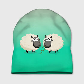 Шапка 3D с принтом две овечки пасутся на лугу в Курске, 100% полиэстер | универсальный размер, печать по всей поверхности изделия | барашек | вектор | градиент | две | детский | друзья | коза | кудри | луг | милый | минимализм | нарисованный | овечка | овца | пара | пасутся | рисунок | ферма | шерсть