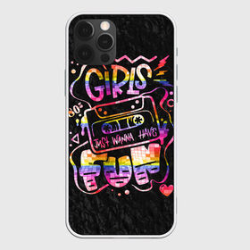 Чехол для iPhone 12 Pro Max с принтом Girls just wanna have fun в Курске, Силикон |  | 80 е | 80s | disco | fun | girl | joy | listen | love | music | party girl | pop | rap | retro | веселье | девушка | диско | кассета | клуб | любовь | молния | молодость | музыка | пленка | поп | прикол | радость | ретро | рэп | сердце | слушат