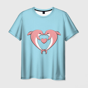 Мужская футболка 3D с принтом Дельфины в Курске, 100% полиэфир | прямой крой, круглый вырез горловины, длина до линии бедер | 8 марта | глаза | девушке | дельфины | жене | любимой | любовь | море | океан | отдых | подарок | розовые | рыба | солнце | хвост | чувства | эстетика