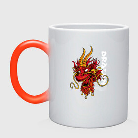 Кружка хамелеон с принтом Китайский дракон в Курске, керамика | меняет цвет при нагревании, емкость 330 мл | dragon | дракон | китай | китайский дракон | красная дракон | огонь | рога