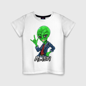 Детская футболка хлопок с принтом Пришелец рокер в Курске, 100% хлопок | круглый вырез горловины, полуприлегающий силуэт, длина до линии бедер | alien | инопланетянин | кожанка | крутой | нло | пришелец | рок | рокер | хипстер