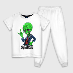 Детская пижама хлопок с принтом Пришелец рокер в Курске, 100% хлопок |  брюки и футболка прямого кроя, без карманов, на брюках мягкая резинка на поясе и по низу штанин
 | alien | инопланетянин | кожанка | крутой | нло | пришелец | рок | рокер | хипстер