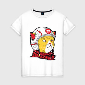 Женская футболка хлопок с принтом Кот гонщик в Курске, 100% хлопок | прямой крой, круглый вырез горловины, длина до линии бедер, слегка спущенное плечо | гонщик | кот | рубашка | уши | хипстер | шлем