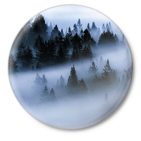 Значок с принтом Сумеречный лес в Курске,  металл | круглая форма, металлическая застежка в виде булавки | forest | ёлки | лес | пейзаж | туман