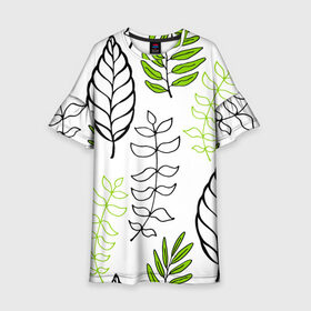 Детское платье 3D с принтом Листья в Курске, 100% полиэстер | прямой силуэт, чуть расширенный к низу. Круглая горловина, на рукавах — воланы | листья | минимализм | природа | растения | рисунок