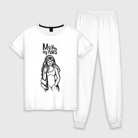 Женская пижама хлопок с принтом My life - my rules в Курске, 100% хлопок | брюки и футболка прямого кроя, без карманов, на брюках мягкая резинка на поясе и по низу штанин | бич герлс | дерзкая | стерва