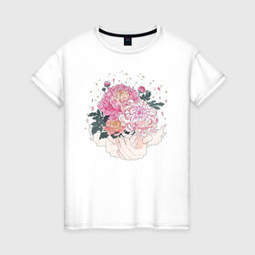Женская футболка хлопок с принтом Пионы в Курске, 100% хлопок | прямой крой, круглый вырез горловины, длина до линии бедер, слегка спущенное плечо | flo | flowers | растения | флористика | цветение | цветы