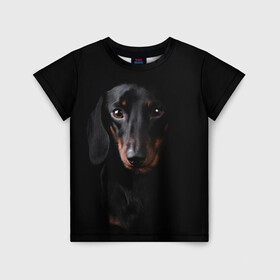 Детская футболка 3D с принтом ТАКСА в Курске, 100% гипоаллергенный полиэфир | прямой крой, круглый вырез горловины, длина до линии бедер, чуть спущенное плечо, ткань немного тянется | animal | black | dog | photo | глаза | домашние | животные | звери | пес | собакен | собаки | такса | черный