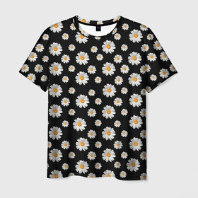 Мужская футболка 3D с принтом Ромашки на чёрном в Курске, 100% полиэфир | прямой крой, круглый вырез горловины, длина до линии бедер | бабочки | лето | природа | рома | ромашка | ромашки | цветочки | цветы