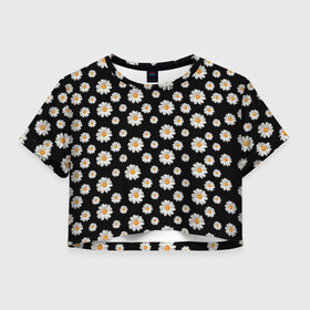 Женская футболка Crop-top 3D с принтом Ромашки на чёрном в Курске, 100% полиэстер | круглая горловина, длина футболки до линии талии, рукава с отворотами | бабочки | лето | природа | рома | ромашка | ромашки | цветочки | цветы