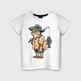 Детская футболка хлопок с принтом Котан рыбак в Курске, 100% хлопок | круглый вырез горловины, полуприлегающий силуэт, длина до линии бедер | кот | лето | рубашка | рыба | удочка | хипстер | шлепанцы | шорты