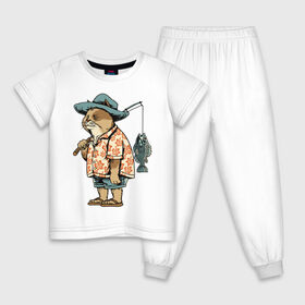 Детская пижама хлопок с принтом Котан рыбак в Курске, 100% хлопок |  брюки и футболка прямого кроя, без карманов, на брюках мягкая резинка на поясе и по низу штанин
 | кот | лето | рубашка | рыба | удочка | хипстер | шлепанцы | шорты