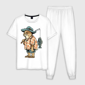 Мужская пижама хлопок с принтом Котан рыбак в Курске, 100% хлопок | брюки и футболка прямого кроя, без карманов, на брюках мягкая резинка на поясе и по низу штанин
 | кот | лето | рубашка | рыба | удочка | хипстер | шлепанцы | шорты