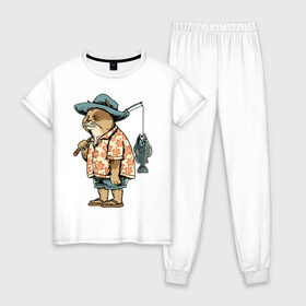 Женская пижама хлопок с принтом Котан рыбак в Курске, 100% хлопок | брюки и футболка прямого кроя, без карманов, на брюках мягкая резинка на поясе и по низу штанин | кот | лето | рубашка | рыба | удочка | хипстер | шлепанцы | шорты