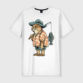 Мужская футболка хлопок Slim с принтом Котан рыбак в Курске, 92% хлопок, 8% лайкра | приталенный силуэт, круглый вырез ворота, длина до линии бедра, короткий рукав | кот | лето | рубашка | рыба | удочка | хипстер | шлепанцы | шорты