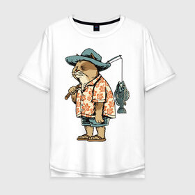 Мужская футболка хлопок Oversize с принтом Котан рыбак в Курске, 100% хлопок | свободный крой, круглый ворот, “спинка” длиннее передней части | кот | лето | рубашка | рыба | удочка | хипстер | шлепанцы | шорты