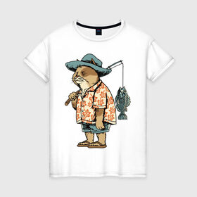 Женская футболка хлопок с принтом Котан рыбак в Курске, 100% хлопок | прямой крой, круглый вырез горловины, длина до линии бедер, слегка спущенное плечо | кот | лето | рубашка | рыба | удочка | хипстер | шлепанцы | шорты