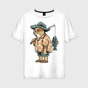 Женская футболка хлопок Oversize с принтом Котан рыбак в Курске, 100% хлопок | свободный крой, круглый ворот, спущенный рукав, длина до линии бедер
 | кот | лето | рубашка | рыба | удочка | хипстер | шлепанцы | шорты