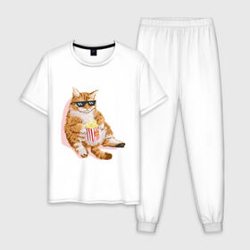 Мужская пижама хлопок с принтом Ленивый кот в Курске, 100% хлопок | брюки и футболка прямого кроя, без карманов, на брюках мягкая резинка на поясе и по низу штанин
 | Тематика изображения на принте: корн | кот | ленивый | очки | поп | попкорн | хипстер