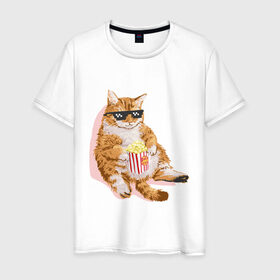 Мужская футболка хлопок с принтом Ленивый кот в Курске, 100% хлопок | прямой крой, круглый вырез горловины, длина до линии бедер, слегка спущенное плечо. | Тематика изображения на принте: корн | кот | ленивый | очки | поп | попкорн | хипстер