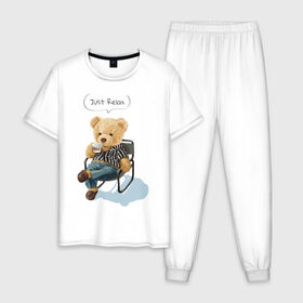 Мужская пижама хлопок с принтом Just Relax в Курске, 100% хлопок | брюки и футболка прямого кроя, без карманов, на брюках мягкая резинка на поясе и по низу штанин
 | Тематика изображения на принте: игрушка | кофе | медведь | милый | релакс | сидящий | стул | чилл