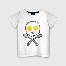 Детская футболка хлопок с принтом Череп яичница в Курске, 100% хлопок | круглый вырез горловины, полуприлегающий силуэт, длина до линии бедер | вилка | еда | завтрак | ложка | пиратский | флаг | череп | яичница | яйца