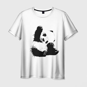 Мужская футболка 3D с принтом Панда минимализм в Курске, 100% полиэфир | прямой крой, круглый вырез горловины, длина до линии бедер | animal | bear | beast | black | minimalism | panda | white | белое | животное | зверь | краски | медведь | минимализм | панда | чернила | черно белое | черное