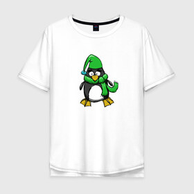 Мужская футболка хлопок Oversize с принтом Пингвин в Курске, 100% хлопок | свободный крой, круглый ворот, “спинка” длиннее передней части | пингвин | пингвин в шапке | пингвин в шарфе | рисунок | шарф
