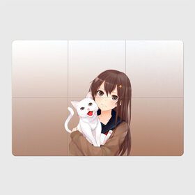 Магнитный плакат 3Х2 с принтом Девочка и белый кот аниме в Курске, Полимерный материал с магнитным слоем | 6 деталей размером 9*9 см | аниме | белый котенок | градиент | девочка | девушка | детский | кавай | кот | кошка | манга | мило | мультяшный | персонаж | рисунок