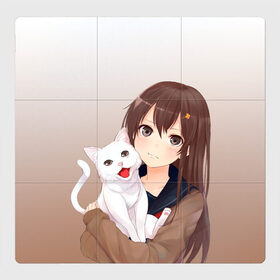 Магнитный плакат 3Х3 с принтом Девочка и белый кот аниме в Курске, Полимерный материал с магнитным слоем | 9 деталей размером 9*9 см | аниме | белый котенок | градиент | девочка | девушка | детский | кавай | кот | кошка | манга | мило | мультяшный | персонаж | рисунок