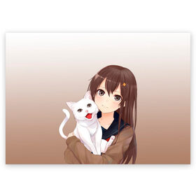 Поздравительная открытка с принтом Девочка и белый кот аниме в Курске, 100% бумага | плотность бумаги 280 г/м2, матовая, на обратной стороне линовка и место для марки
 | аниме | белый котенок | градиент | девочка | девушка | детский | кавай | кот | кошка | манга | мило | мультяшный | персонаж | рисунок
