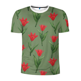Мужская футболка 3D спортивная с принтом Красные тюльпаны на зеленом в Курске, 100% полиэстер с улучшенными характеристиками | приталенный силуэт, круглая горловина, широкие плечи, сужается к линии бедра | 8 марта | flowers | march 8 | spring | ботаническая иллюстрация | весна | день рождения | зеленый | красный | лето | любовь | праздник | принт | природа | растения | тюльпаны | цветы