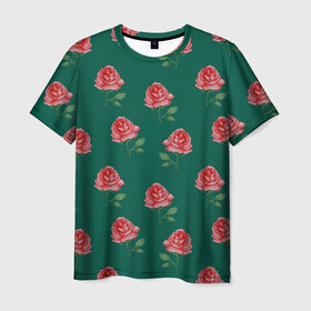 Мужская футболка 3D с принтом Розы на зеленом фоне в Курске, 100% полиэфир | прямой крой, круглый вырез горловины, длина до линии бедер | 8 марта | flowers | march 8 | spring | ботаническая иллюстрация | весна | день рождения | зеленый | красный | лето | любовь | праздник | принт | природа | растения | розы | цветы