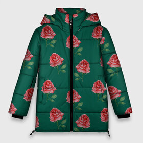 Женская зимняя куртка Oversize с принтом Розы на зеленом фоне в Курске, верх — 100% полиэстер; подкладка — 100% полиэстер; утеплитель — 100% полиэстер | длина ниже бедра, силуэт Оверсайз. Есть воротник-стойка, отстегивающийся капюшон и ветрозащитная планка. 

Боковые карманы с листочкой на кнопках и внутренний карман на молнии | 8 марта | flowers | march 8 | spring | ботаническая иллюстрация | весна | день рождения | зеленый | красный | лето | любовь | праздник | принт | природа | растения | розы | цветы