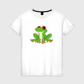 Женская футболка хлопок с принтом Лягушонок в Курске, 100% хлопок | прямой крой, круглый вырез горловины, длина до линии бедер, слегка спущенное плечо | животное | земноводное | лягушка | лягушонок | минимализм | рисунок