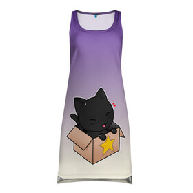 Платье-майка 3D с принтом черный котенок в коробке в Курске, 100% полиэстер | полуприлегающий силуэт, широкие бретели, круглый вырез горловины, удлиненный подол сзади. | арт | бокс | градиент | кавай | коробка | кот | котенок | котик | миленько | милота | рисунок