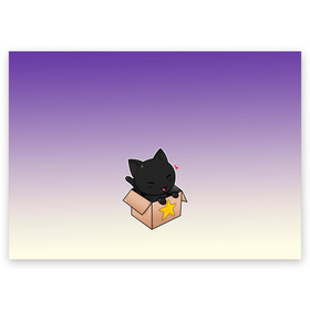 Поздравительная открытка с принтом черный котенок в коробке в Курске, 100% бумага | плотность бумаги 280 г/м2, матовая, на обратной стороне линовка и место для марки
 | арт | бокс | градиент | кавай | коробка | кот | котенок | котик | миленько | милота | рисунок