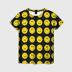 Женская футболка 3D с принтом Смайлики в Курске, 100% полиэфир ( синтетическое хлопкоподобное полотно) | прямой крой, круглый вырез горловины, длина до линии бедер | emoji | smile | sticker | грусть | любовь | печаль | плачь | смайлики | стикеры | текстура | улыбка | эмоджи | эмодзи