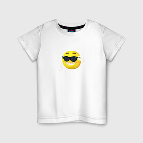 Детская футболка хлопок с принтом Постироничный смайлик в Курске, 100% хлопок | круглый вырез горловины, полуприлегающий силуэт, длина до линии бедер | Тематика изображения на принте: mem | мем | постирония | смайлик в очках | эмодзи | юмор