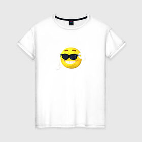 Женская футболка хлопок с принтом Постироничный смайлик в Курске, 100% хлопок | прямой крой, круглый вырез горловины, длина до линии бедер, слегка спущенное плечо | mem | мем | постирония | смайлик в очках | эмодзи | юмор