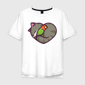 Мужская футболка хлопок Oversize с принтом Кот - сердце в Курске, 100% хлопок | свободный крой, круглый ворот, “спинка” длиннее передней части | животное | зверь | кот | кот   сердце | кошка | попугай | птицы